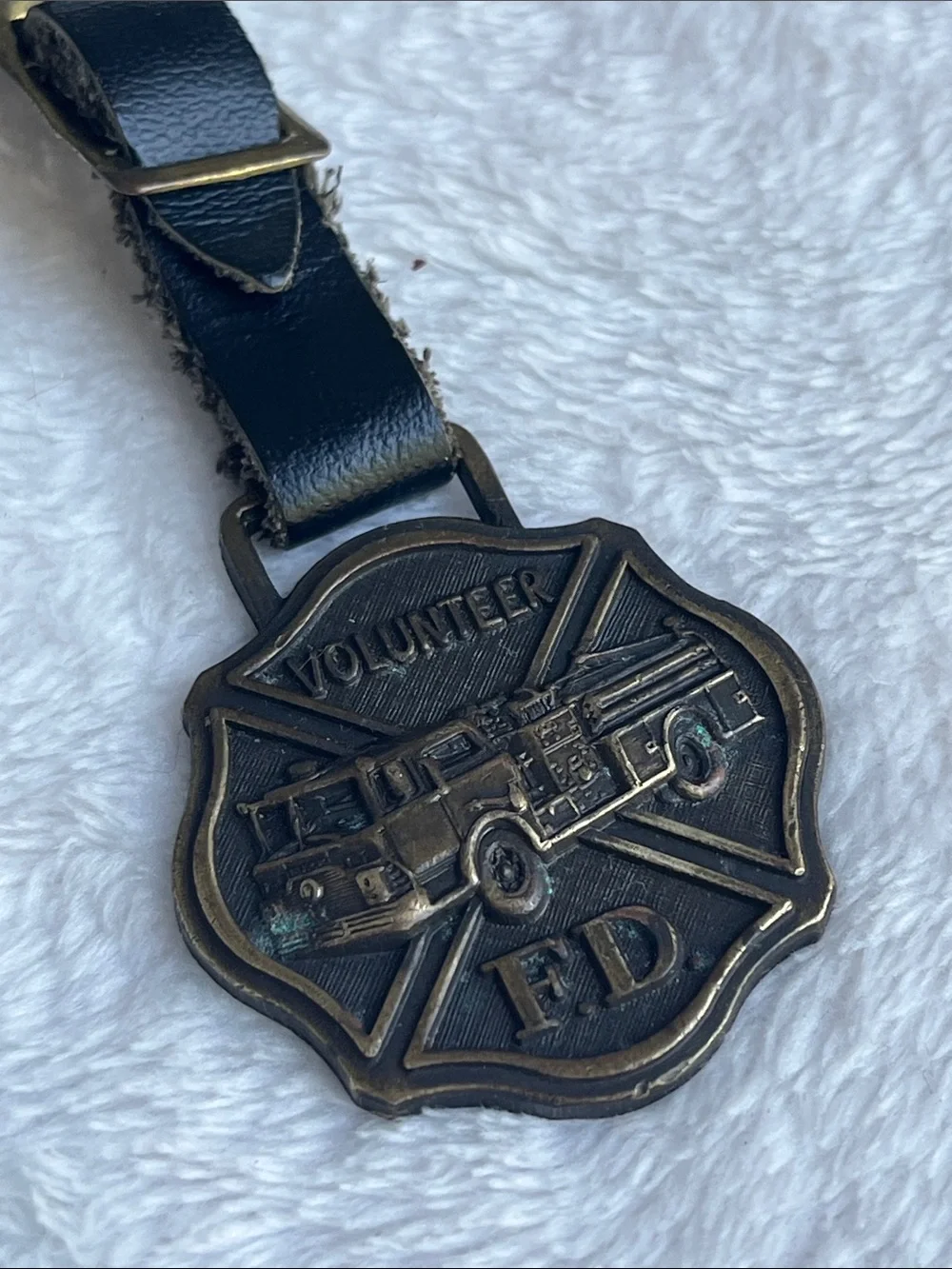 Vintage Volunteer FD Firefighter Keychain Tag - Black Strapped